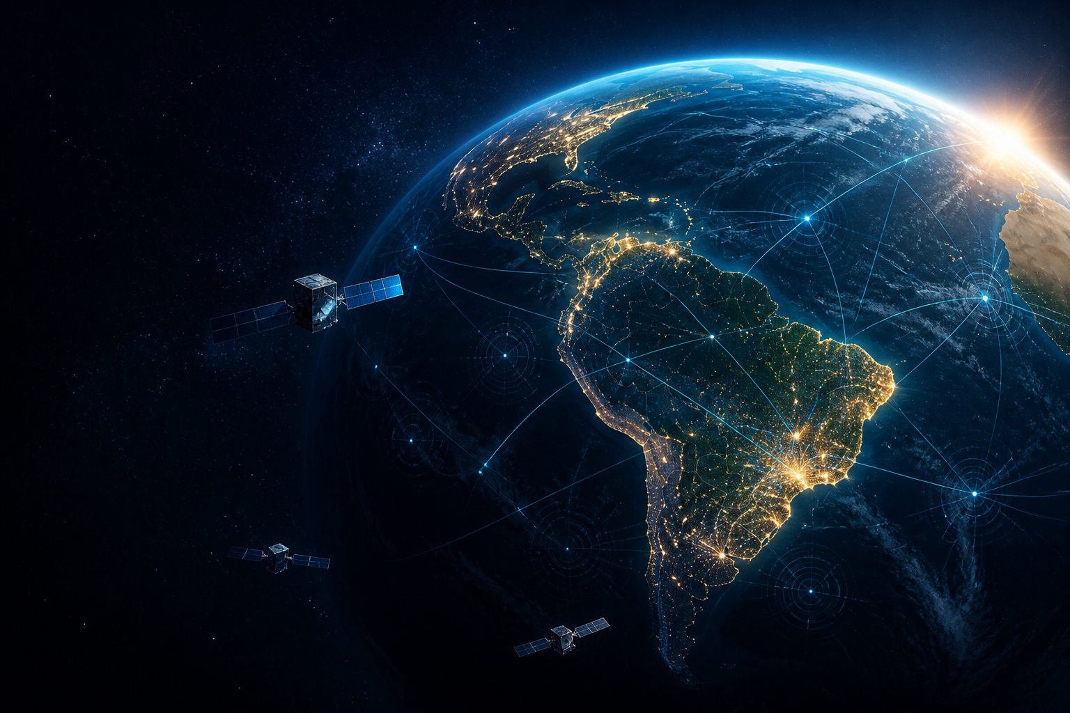 Planeta Terra visto do espaço com o Brasil conectado por rotas digitais e satélites